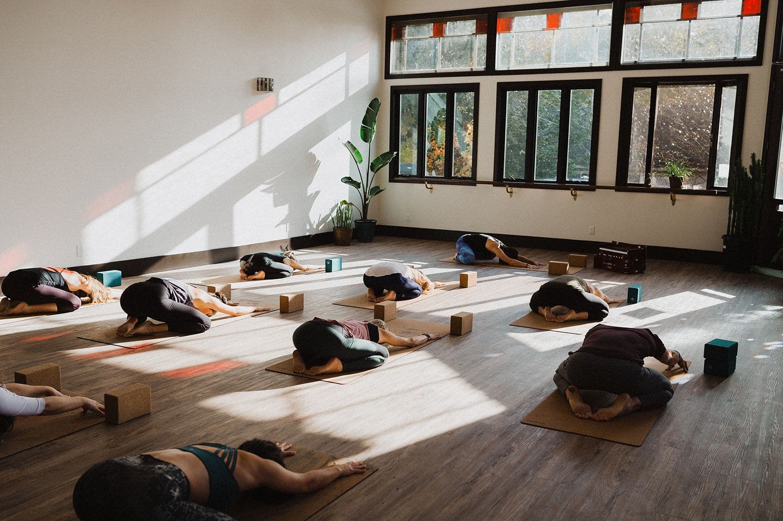 happy baby yoga pose during class