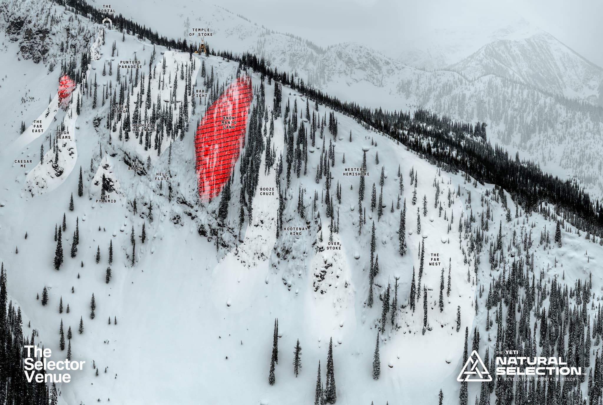 Snowy mountainside with scattered trees, labeled alpine features, and a marked red zone. Logos for "The Selector Venue" and "Natural Selection."