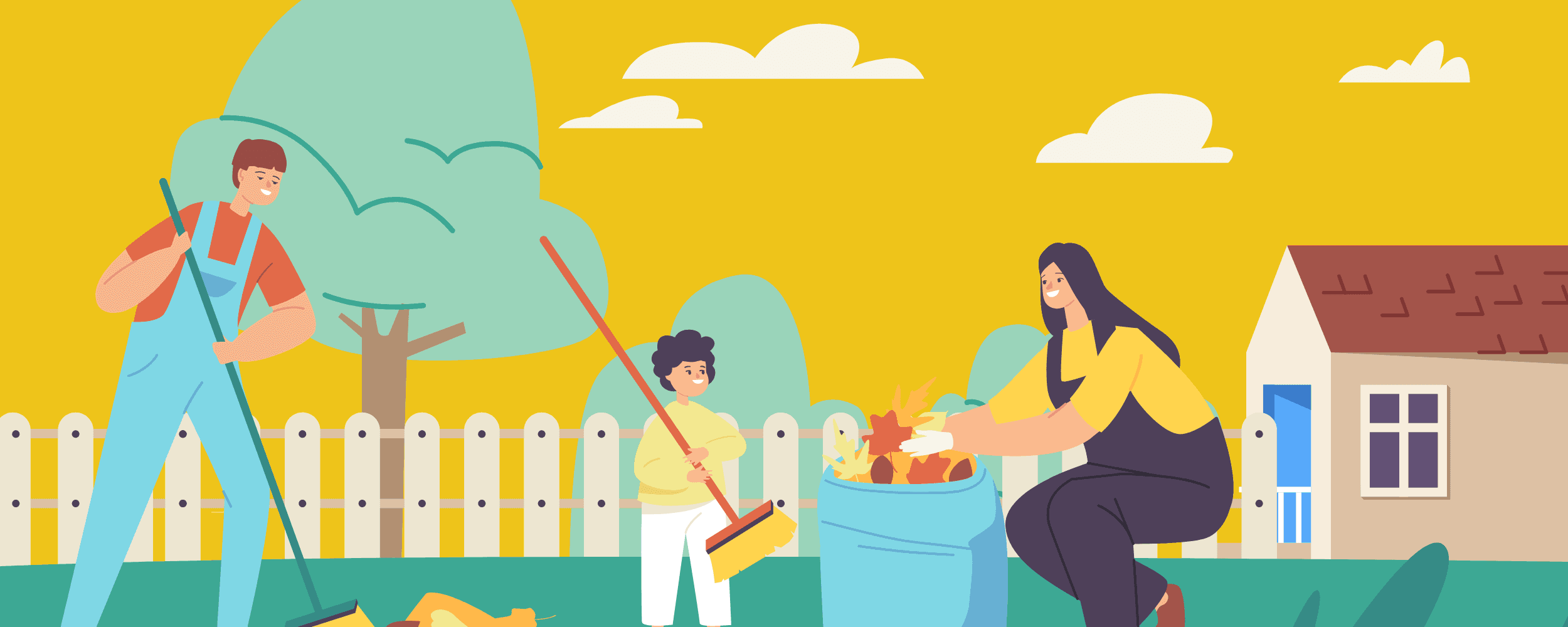 graphic of people cleaning up residential yard
