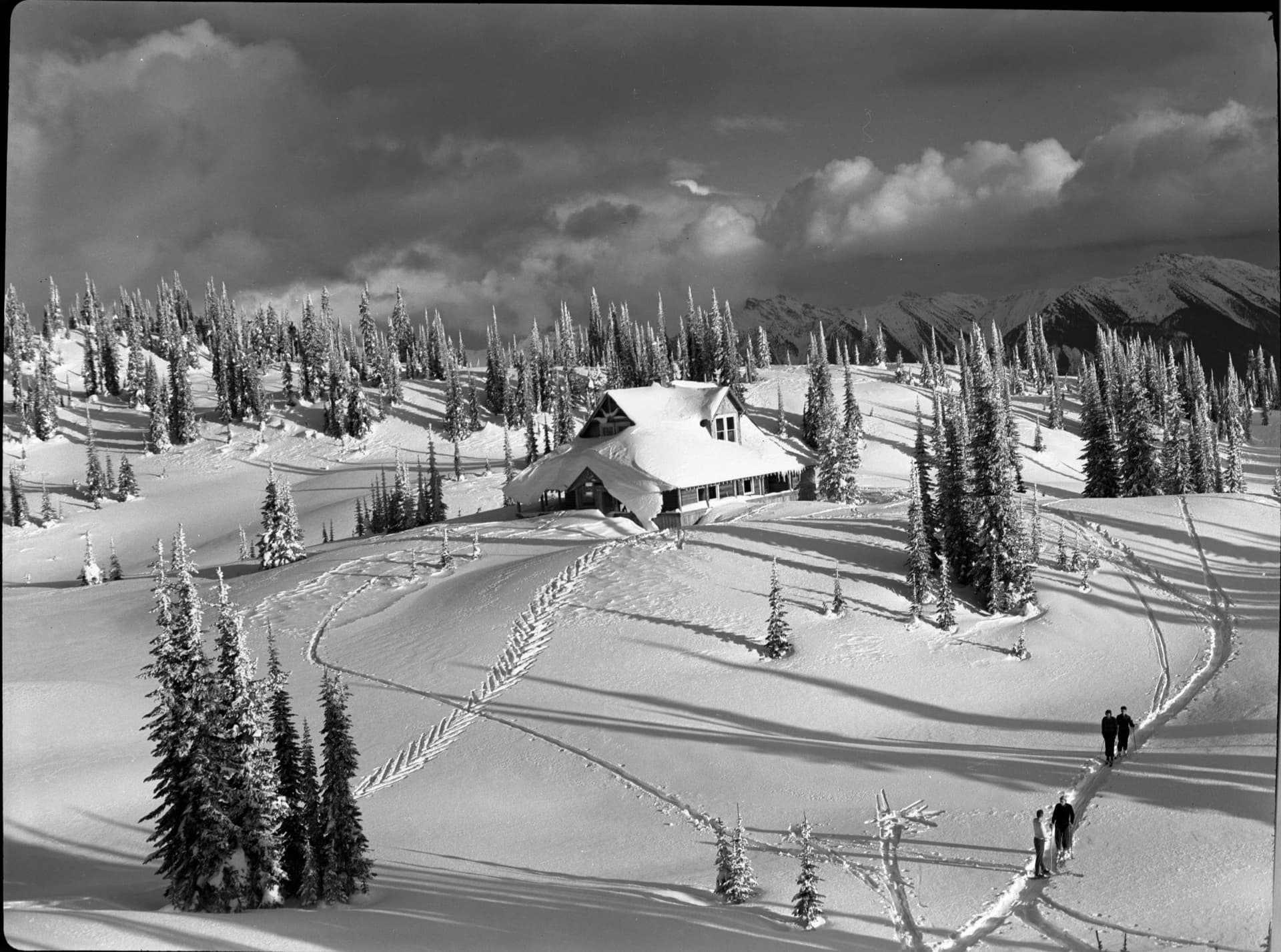 heritage image of ski touring from lodge