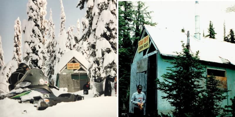 archive photos of backcountry hut during winter