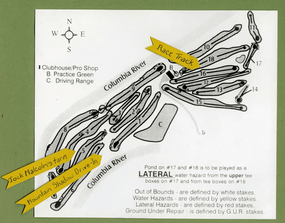 Map of a golf course with labeled holes, nearby landmarks, and a compass. The Columbia River runs alongside the course.