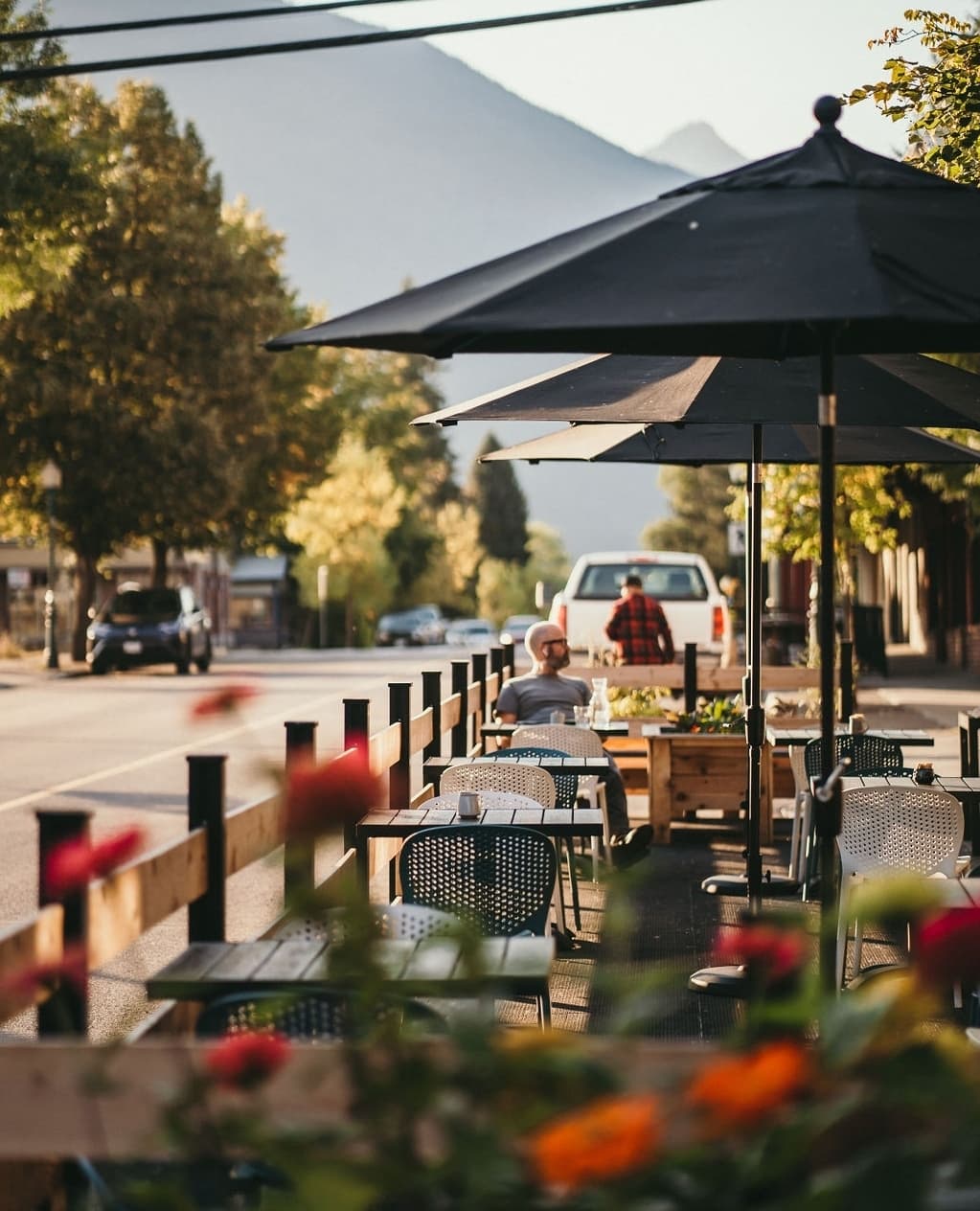 outdoor patio during summer months with umbrellas