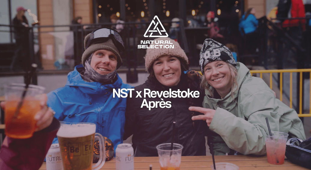 Three people in winter clothing pose smiling at an outdoor table with drinks, under text reading "NST x Revelstoke Après."