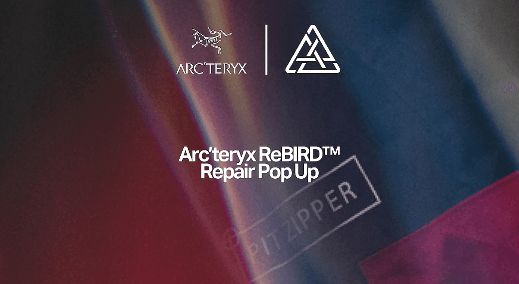 Arc'teryx ReBIRD Repair Pop Up promotional image featuring the brand logos and a colorful, abstract background.