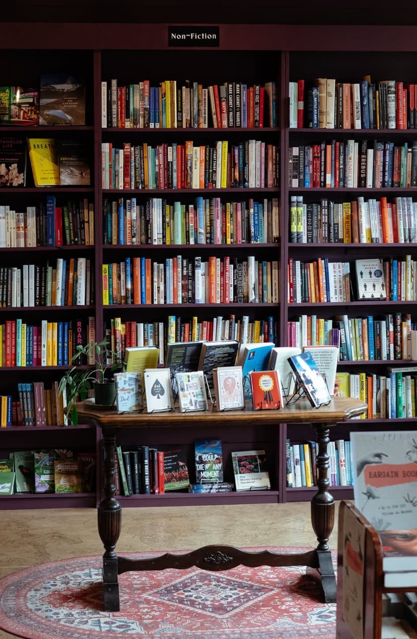 A cozy bookstore corner with shelves full of nonfiction books, a wooden table displaying featured titles, and a red patterned rug.