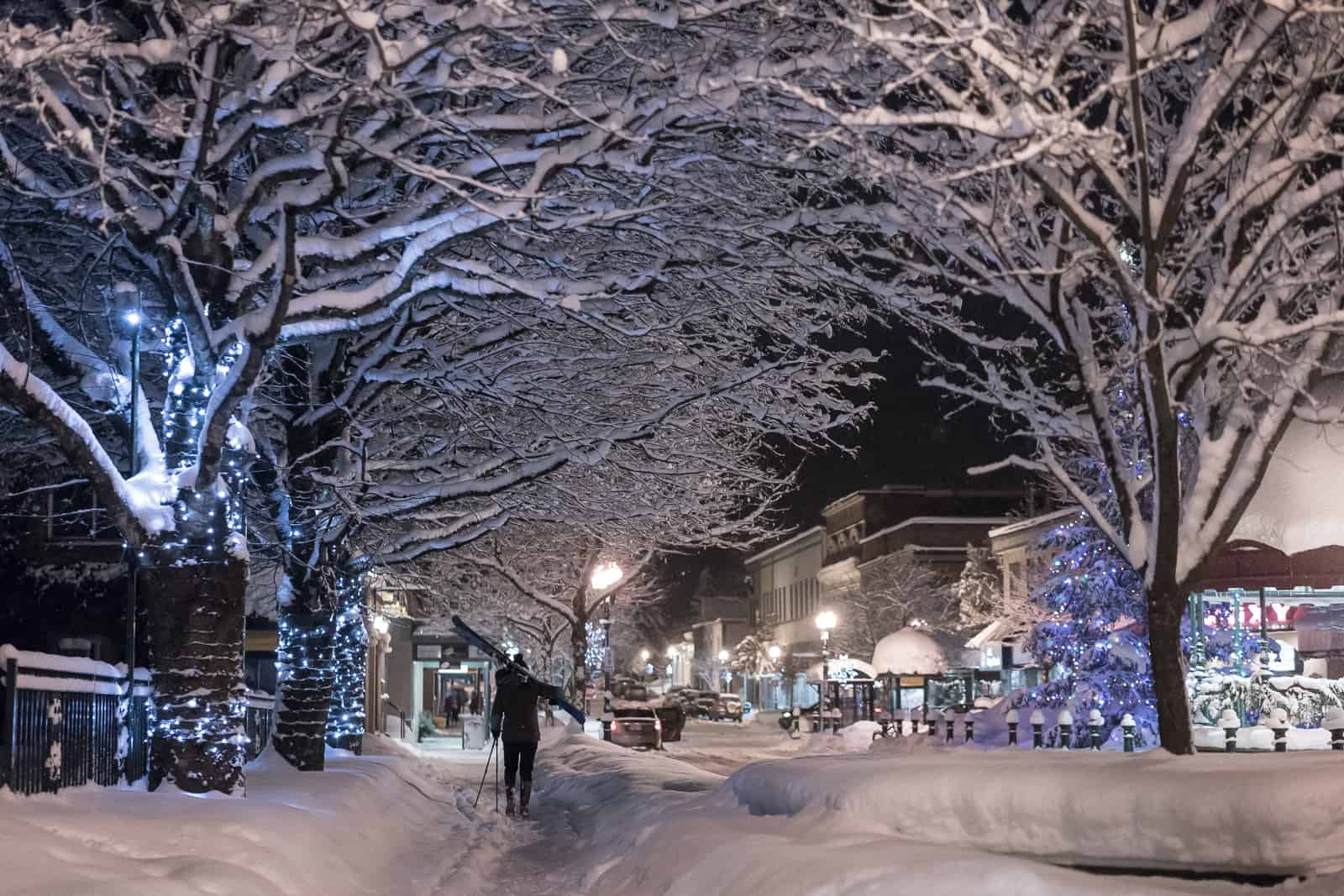 skier walking under snow covered trees illuminated by tree lights