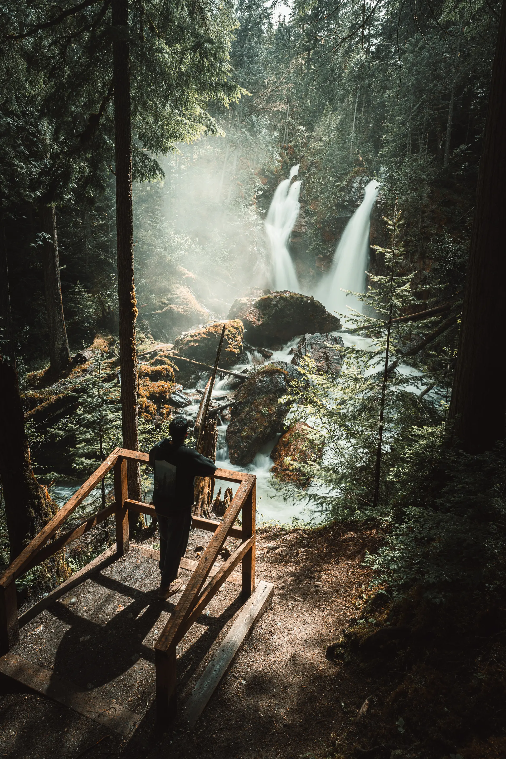 individual hiker on platform looking at dual waterfall