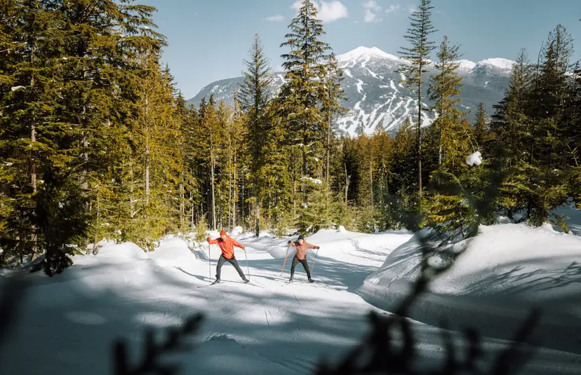 A couple makes their way up hill on cross country skis