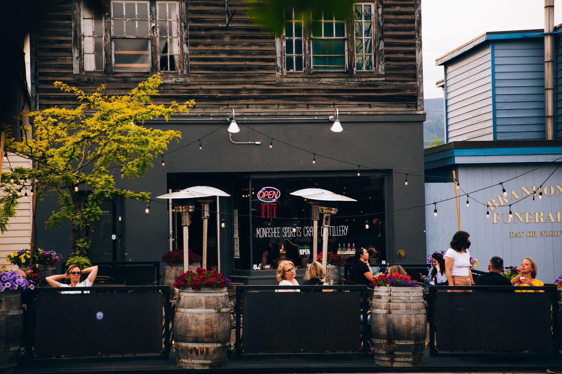wide shot of local distillery patio