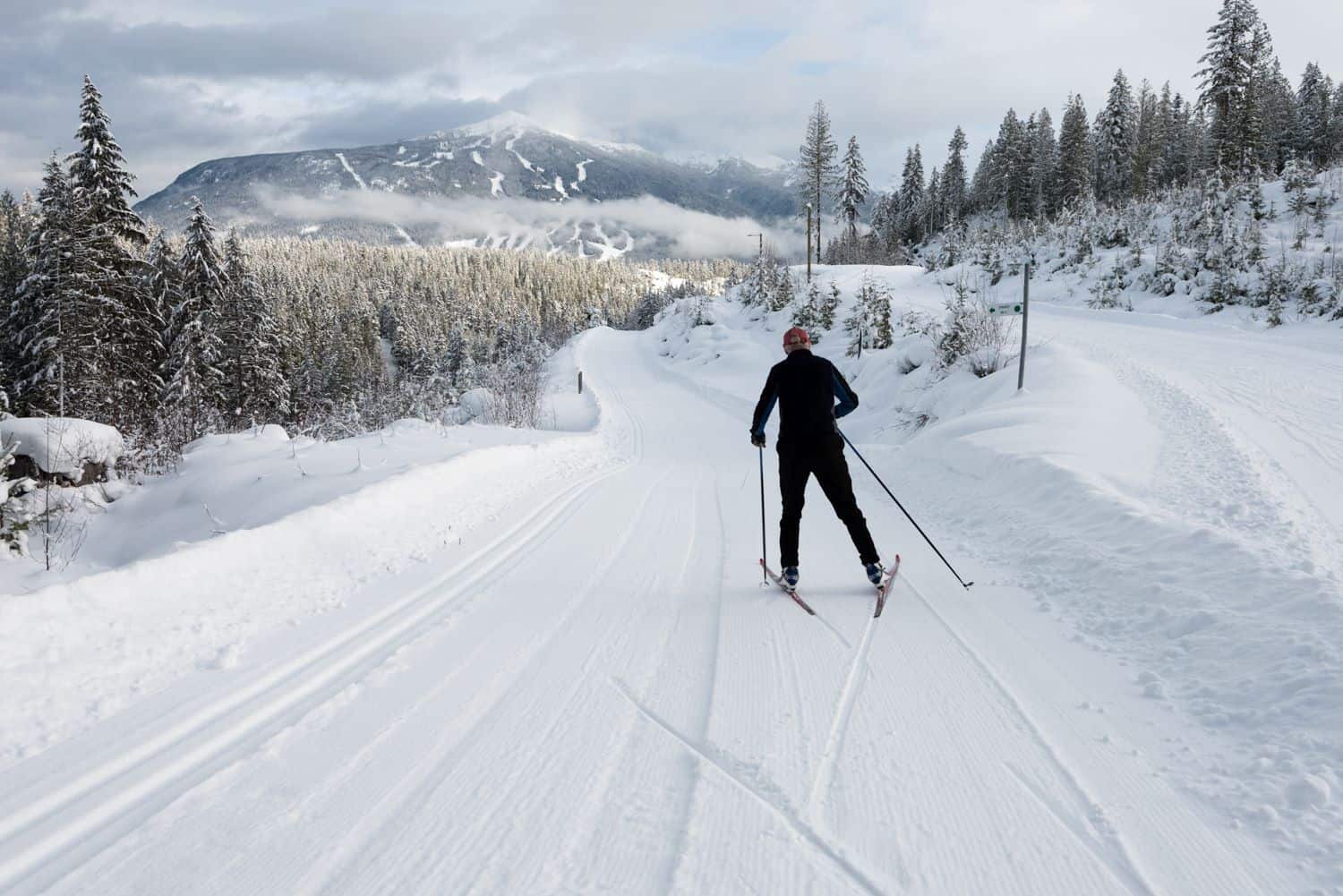 nordic skiing with revelstoke resort view in background