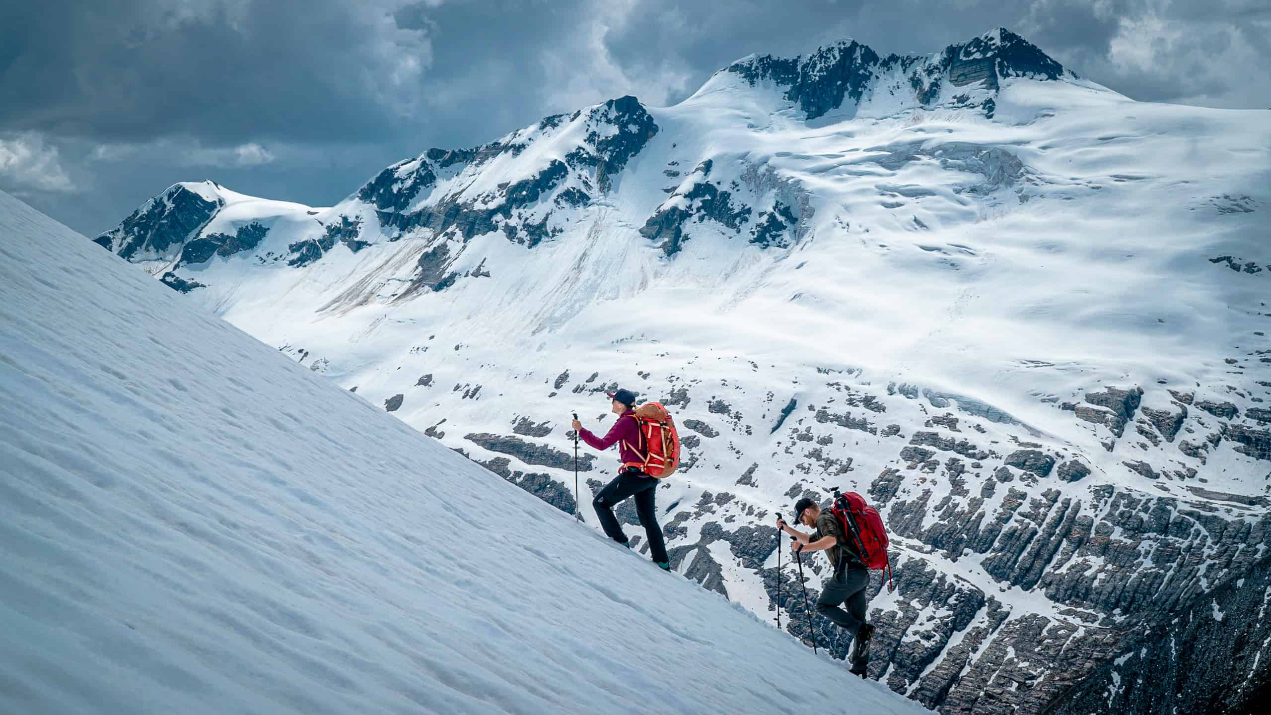 Hiking into the snowy alpine.