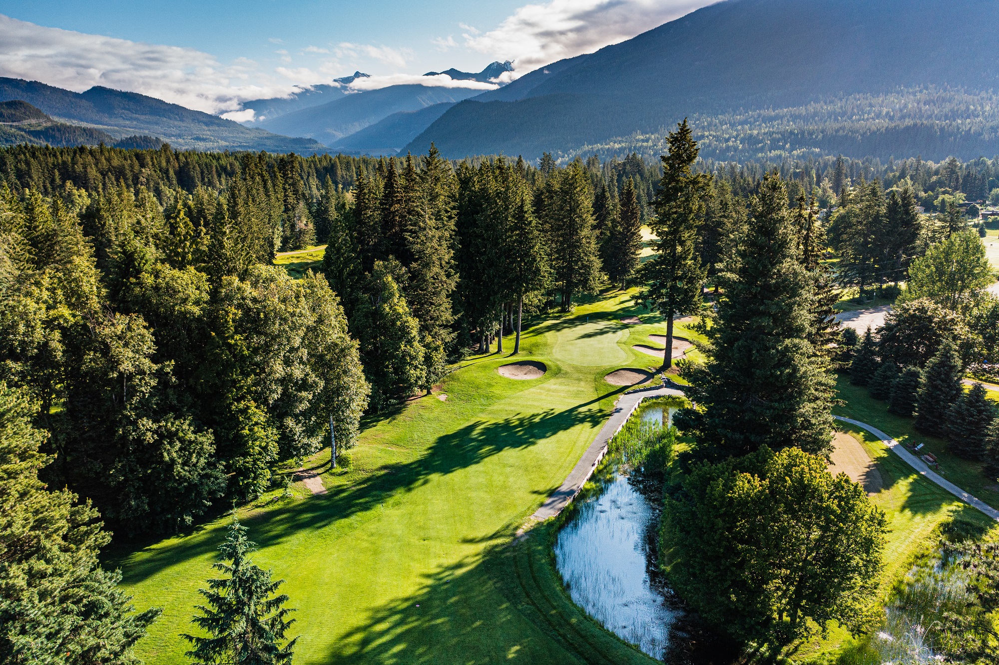 revelstoke golf course drone aerial on sunny day